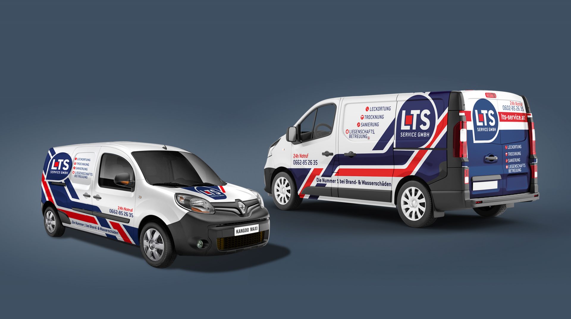 Firmenfoltte im Corporate Design, Renault Kangoo und renault Trafic mit auffälliger Firmenbeschriftung, Autofolierung, Mozzart Folierung und Grafik Design in Salzburg