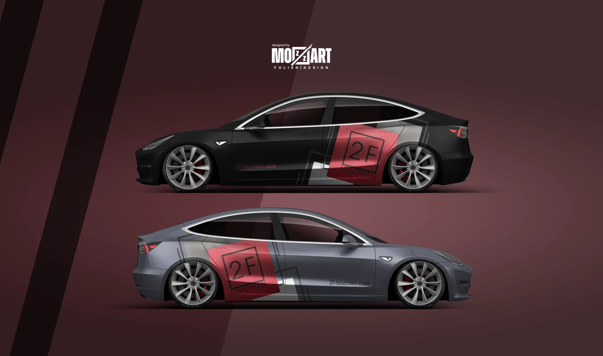 zwei Tesla Model 3 - 2F Beschriftungsdesign - Mozzart Folie Salzburg