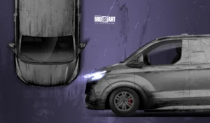 Ford Transporter komplett foliert im Dirt-Design mit schwarzer und grauer Digitaldruckstruktur mit schmutz schlamm und dreckSpritzern