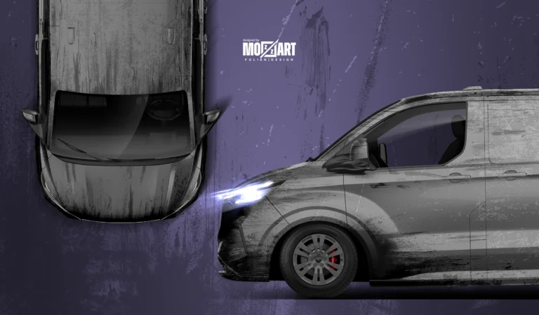 Ford Transporter komplett foliert im Dirt-Design mit schwarzer und grauer Digitaldruckstruktur mit schmutz schlamm und dreckSpritzern