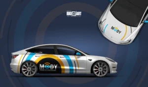 bunte Moderne Firmenfolierung Designentwurf auf einem Tesla Model 3