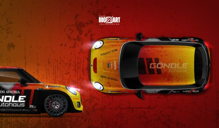 Designansicht Mini Cooper für das Autohaus Göndle mit einer Verlauf Folierung gestaltet von Mozzart Foliendesign Salzburg