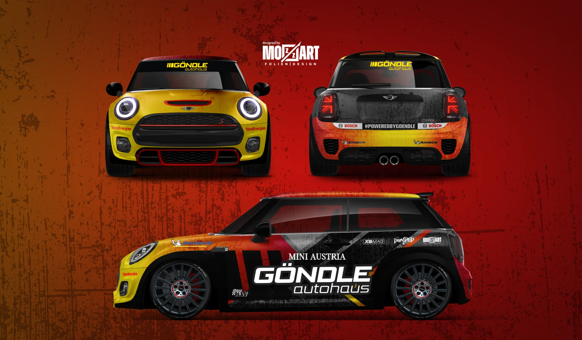 Mini Cooper Designentwurf für das Autohaus Göndle mit Verlauf Folierung + Used-look und Firmenbeschriftung
