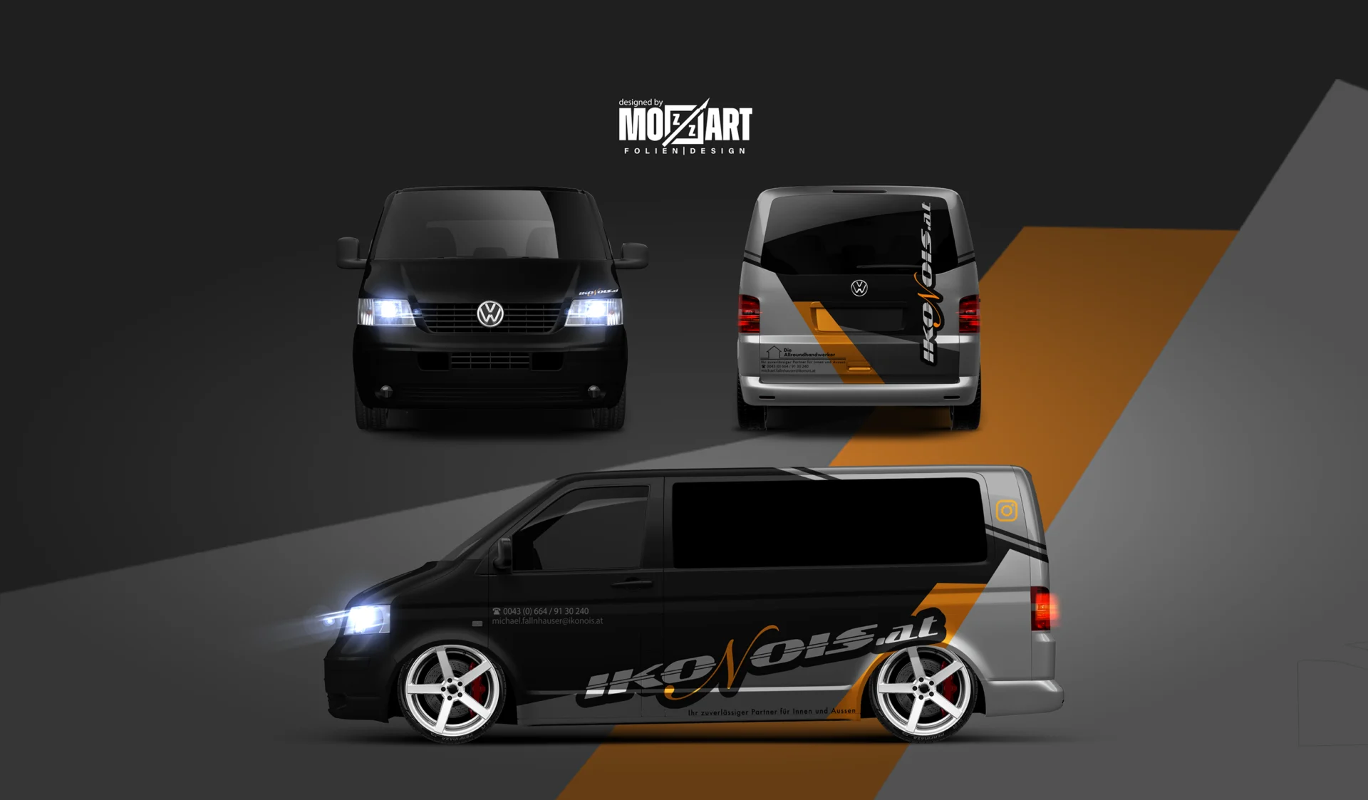 Fahrzeug von der Flotte Ikonois Handwerker VW T5 Designentwurf im Corporate Design, einheitliche auffällige Fahrzeugwerbung